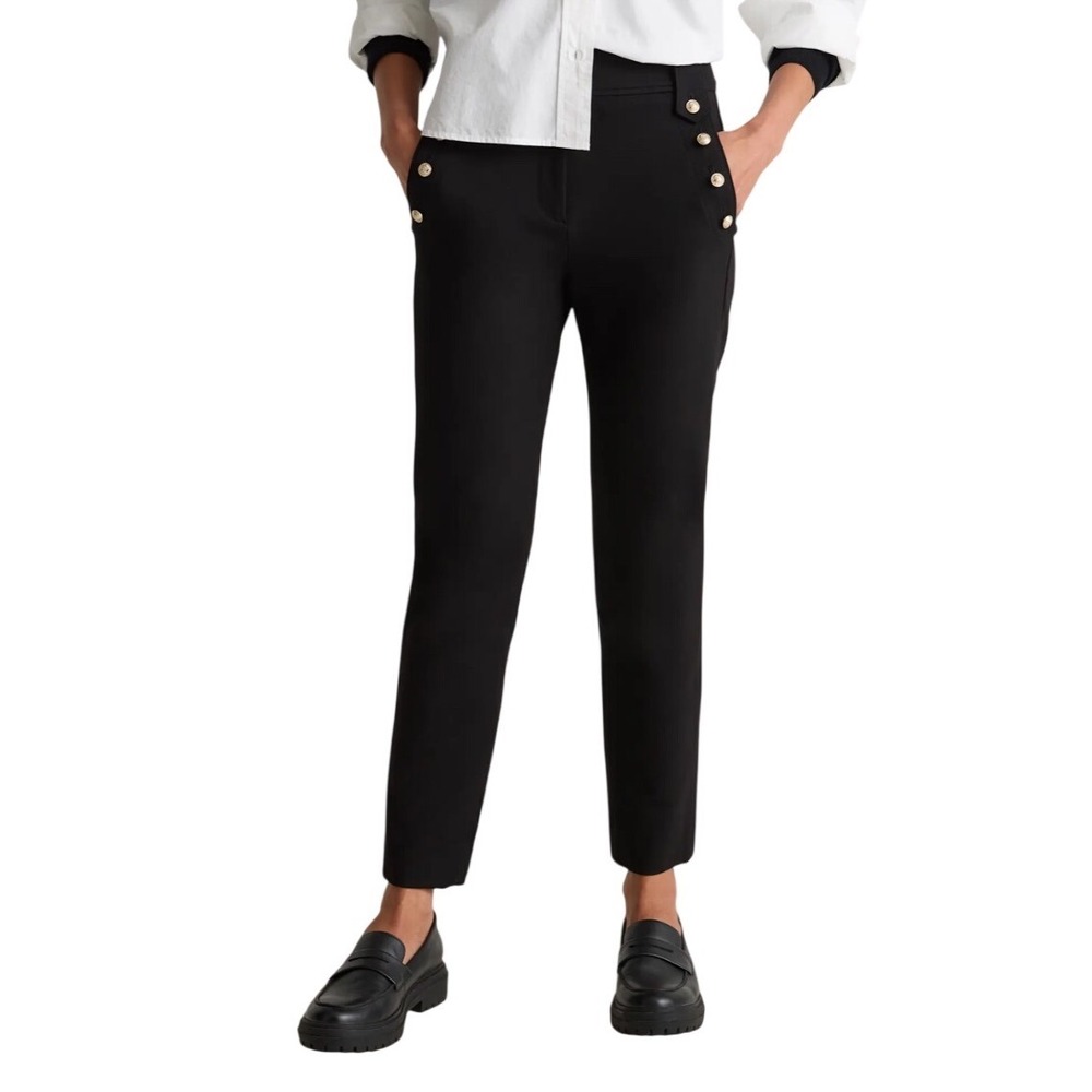 Quince Ultra-Stretch Ponte Mariner Pants S Black Gold Button Corporate Chic